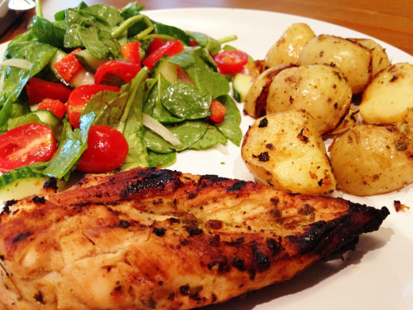 Souvlaki Chicken paired with a simple green salad and Lemon Grilled Potatoes