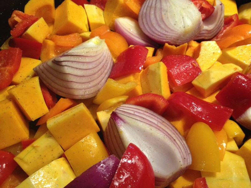 Throw all these glorious veggies in to a big roasting dish and let the oven do the work!!