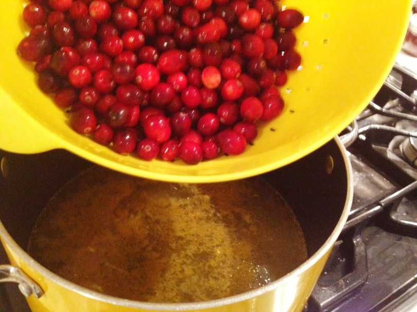 Add your cranberries once the sugar liquid is boiling and the sugar has dissolved