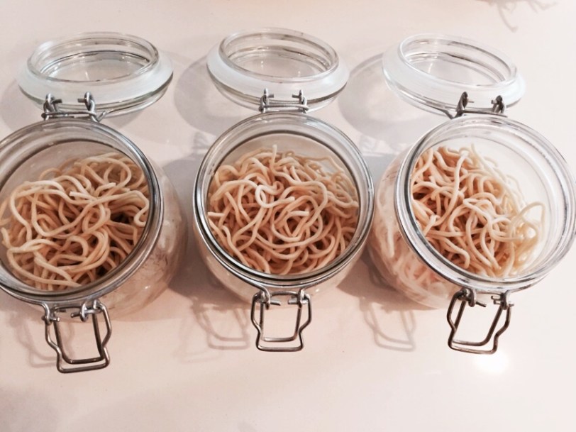 Push the noodles down to the bottom of the container (this way you can fit more good stuff in there)